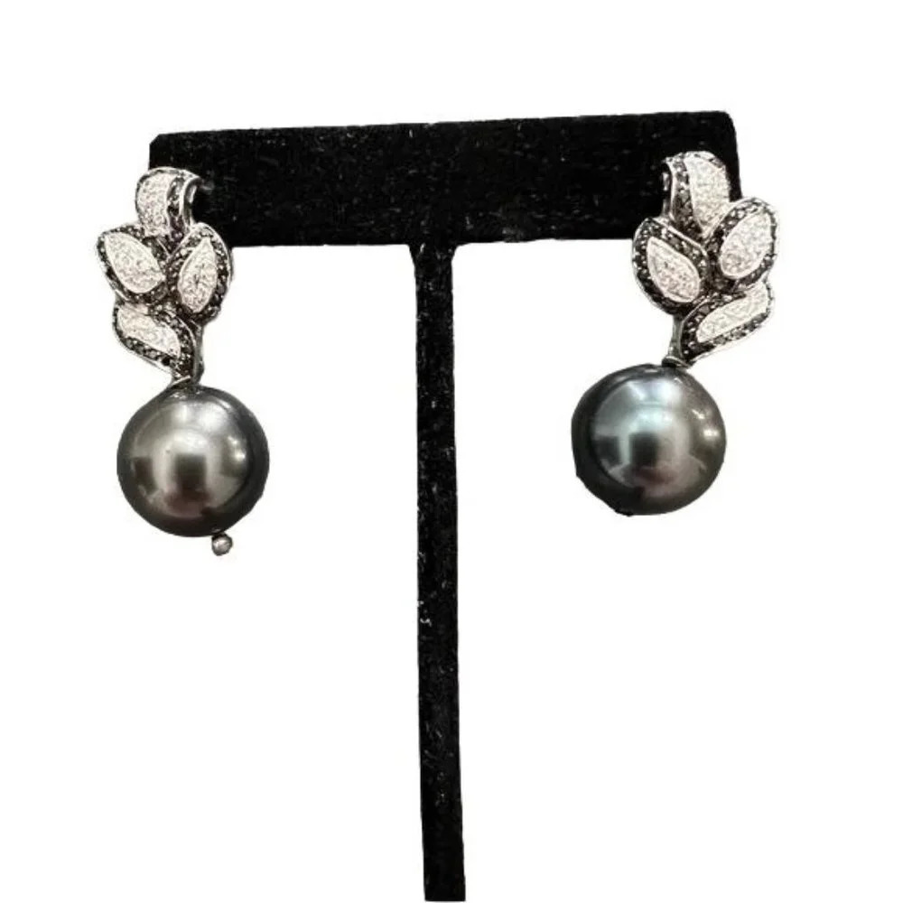 Faux Tahitian Pearl CZ Stone Drop Earrings